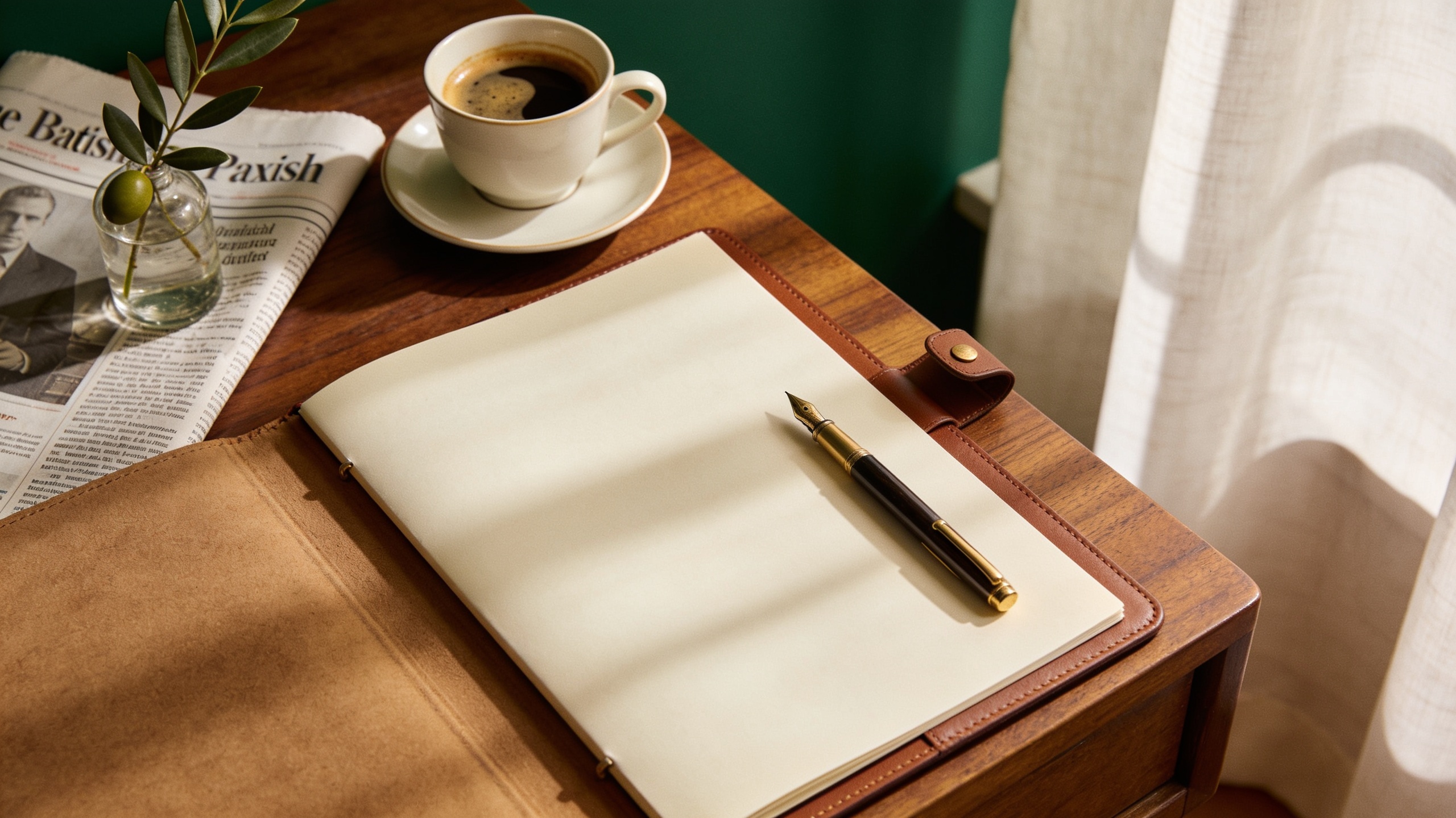 Portafolio de cuero abierto con pluma de latón, café y rama de olivo