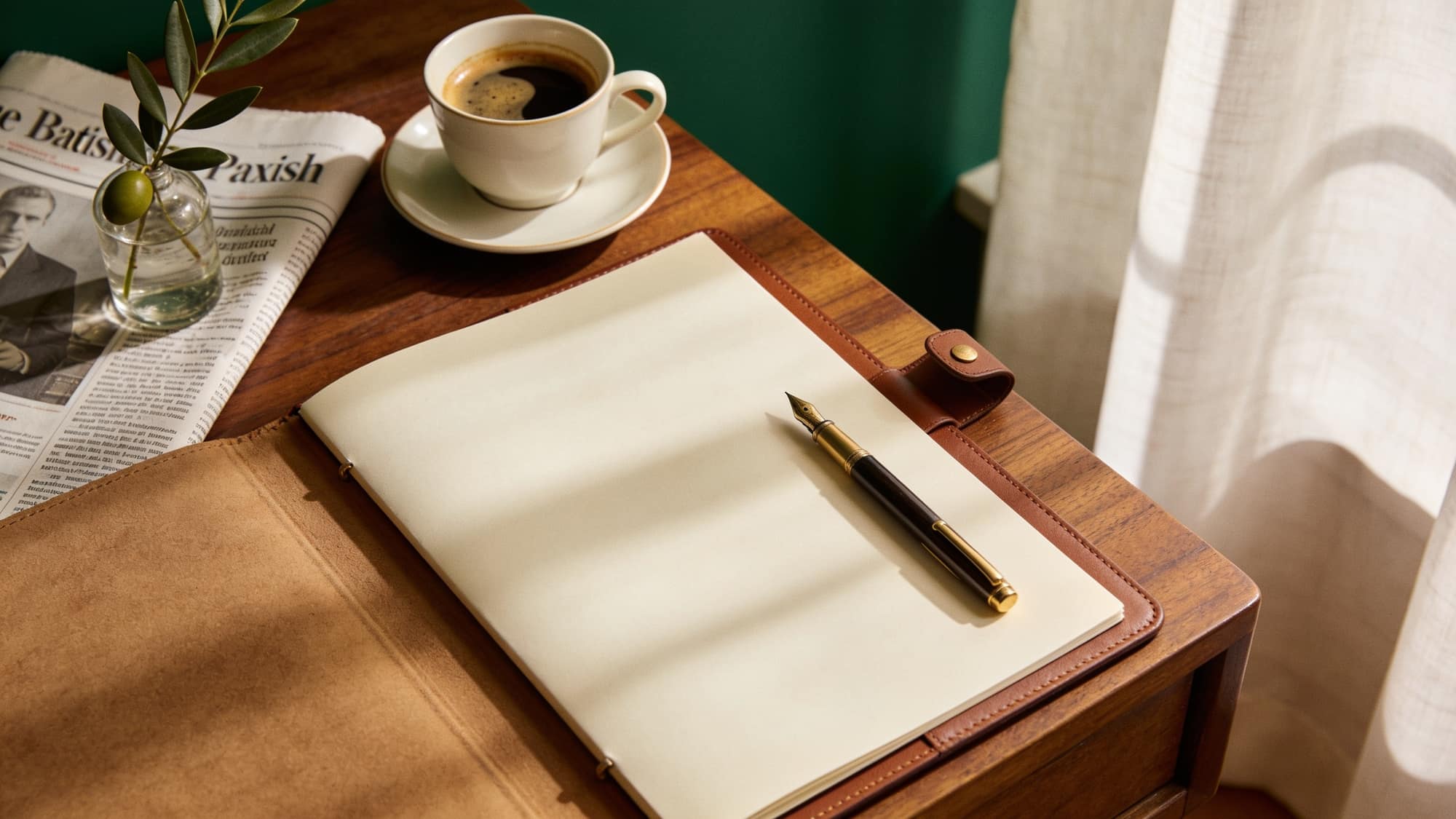 Open leather portfolio with brass pen, coffee and olive branch