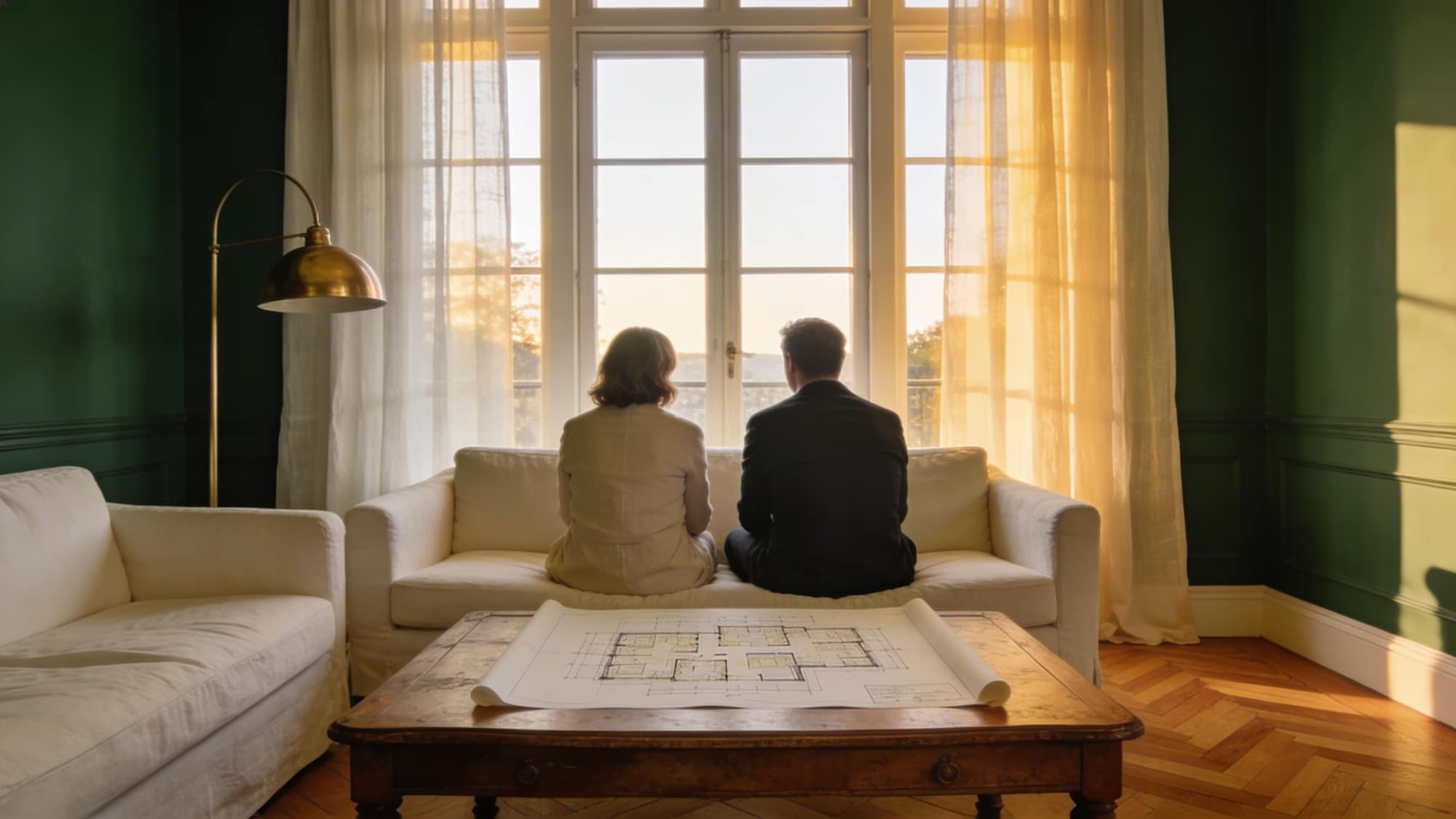 Pareja revisando un plano de vivienda en un salón residencial al atardecer
