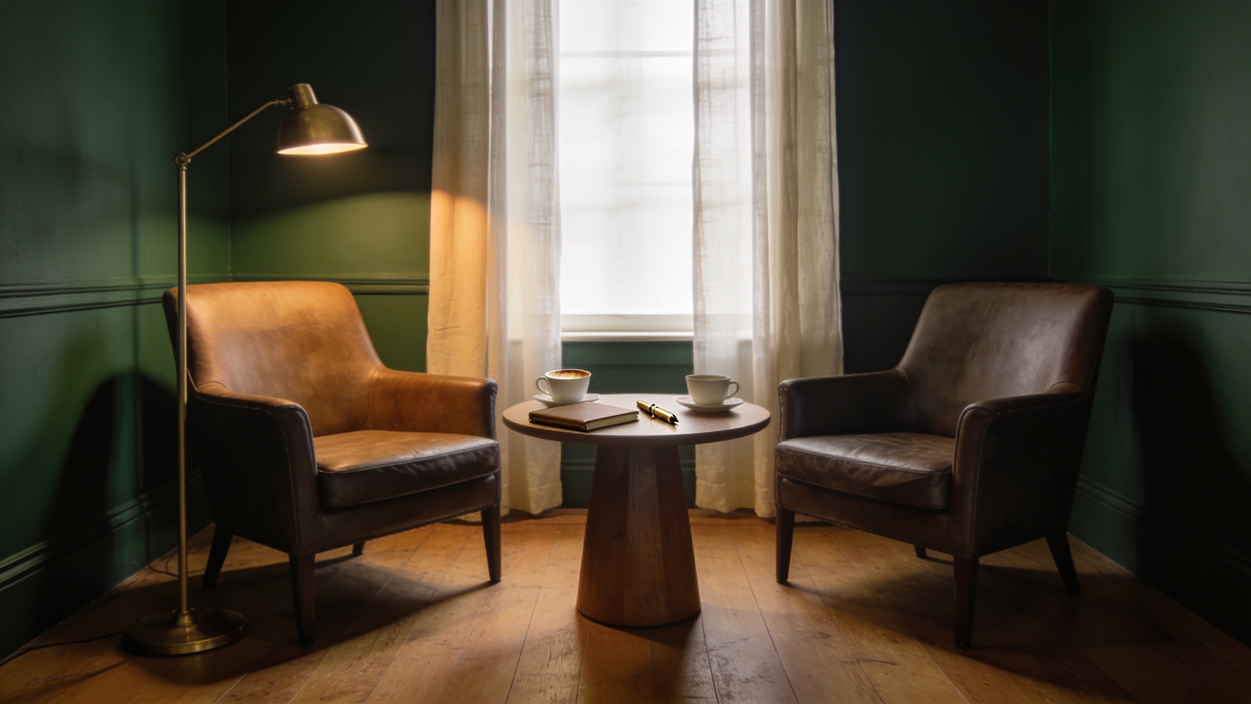Dos butacas de cuero enfrentadas con mesa baja, cuaderno y dos cafés. Conversación preparada en sala de paredes verdes y luz natural.