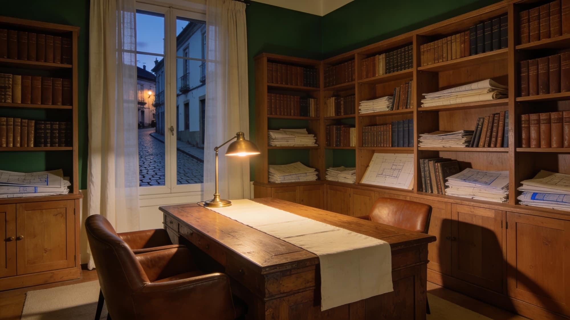 Maison NICHÈ meeting room with oak library and Racing green wall