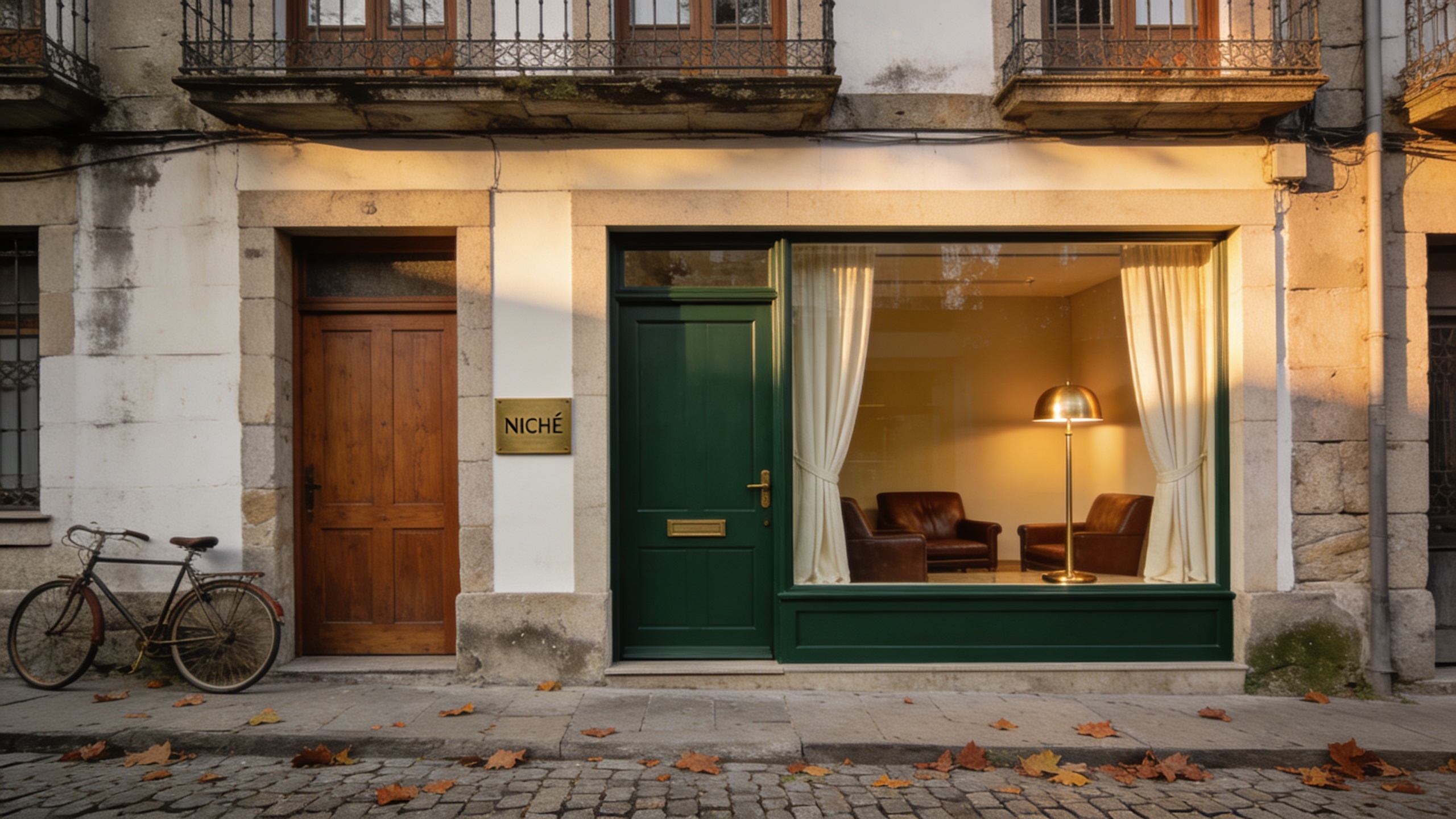 Maison NICHÈ façade in Vigo. Racing green door and vintage bicycle