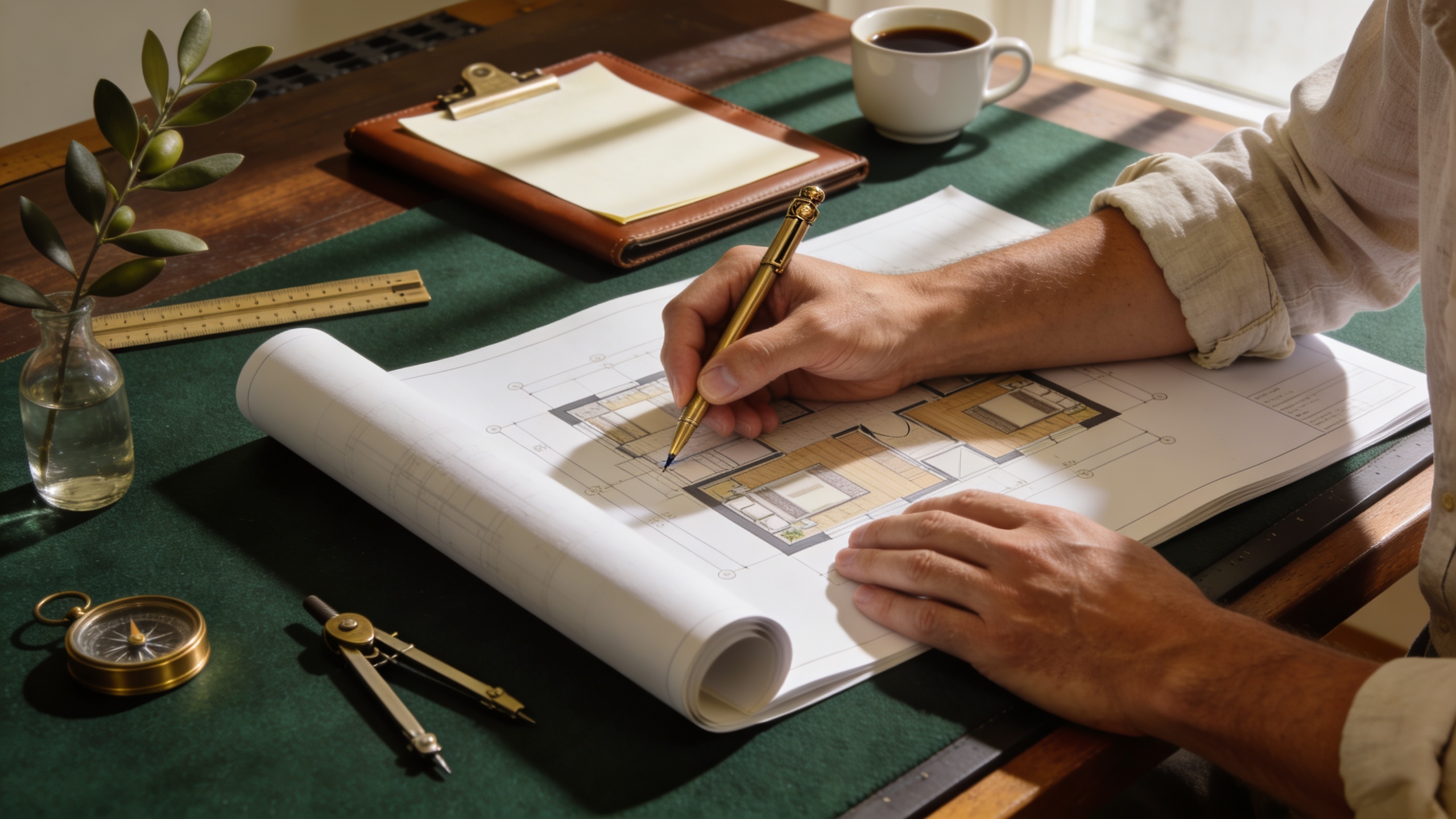 Hands over an architectural blueprint with a compass and notebook