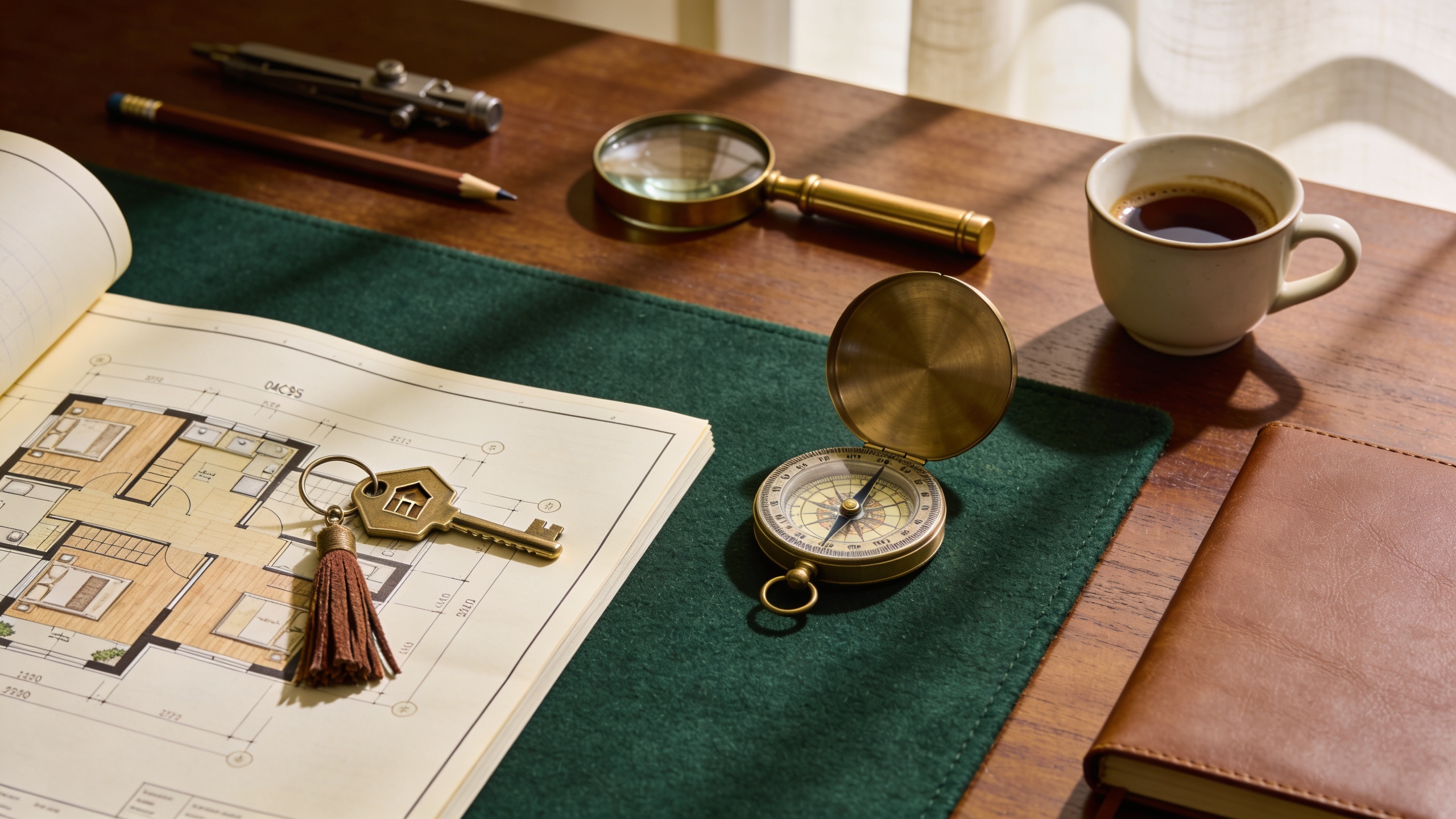 Brass key on an architectural blueprint with compass and coffee