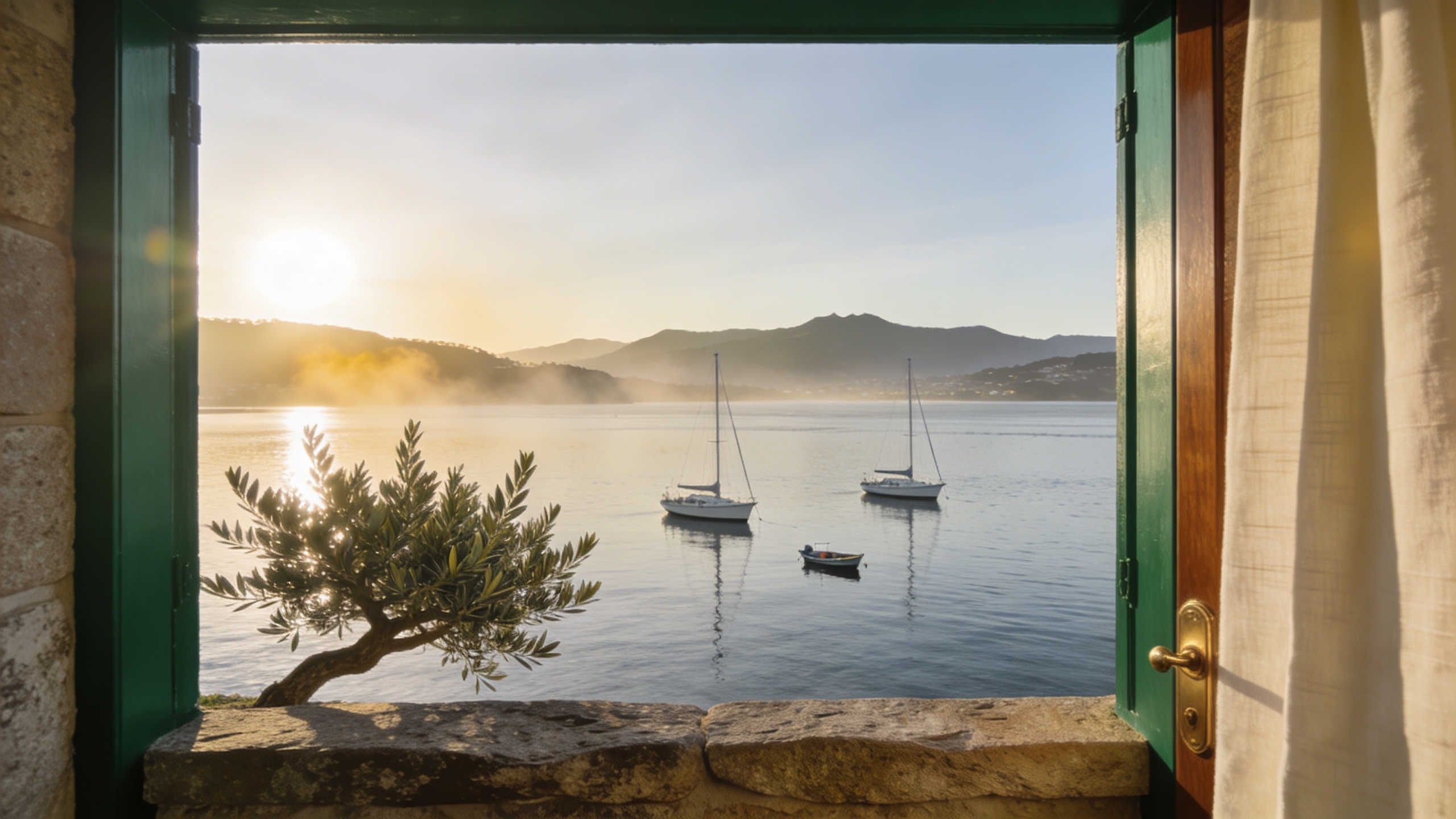 Vista de la Ría de Vigo al atardecer con olivo y ventana verde Racing